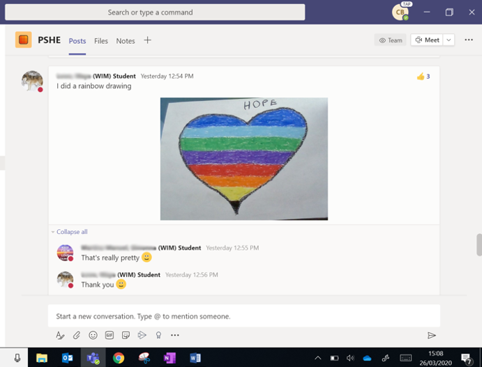 WimbledonHigh's tweet photo. 🌈☺️ #Hope this makes you smile - a lovely rainbow heart by a #Year7WHS student during PSHE with Mrs Baty.  

#QuarantineHighWHS #TogetherApart #chasetherainbow https://t.co/JkaqHt2WrT