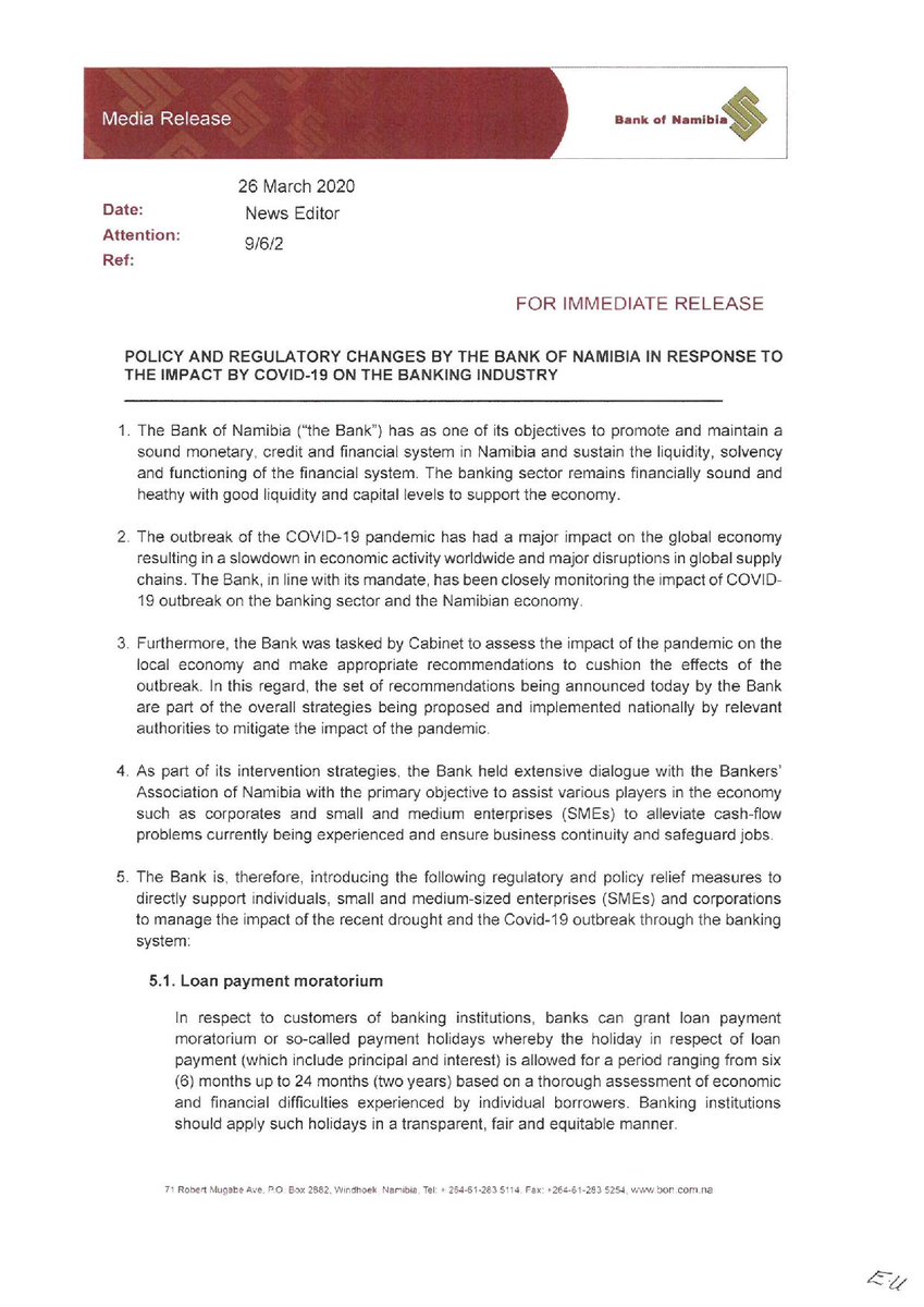 Bank Of Namibia Auf Twitter Policy And Regulatory Changes By The Bankofnamibia In Response To The Impact Of Covid19 On The Banking Industry