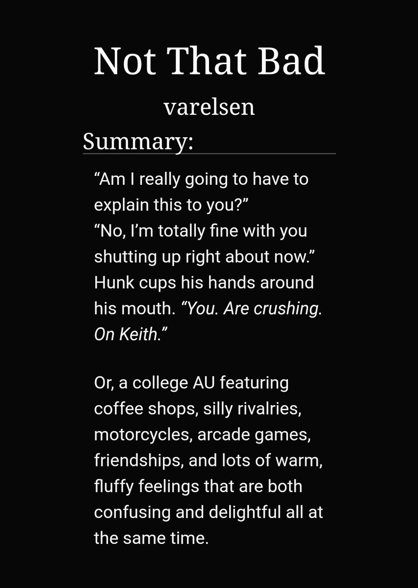 Not That Bad by varelsen https://archiveofourown.org/works/7685992/chapters/17508283-12/12-klance-college au-lance thinks keith is an arrogant jerk but he's just socially anxious-barista lance-tw for panic attacks