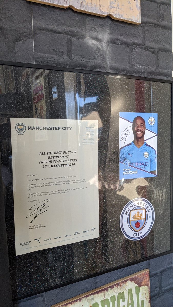 urban__reality's tweet photo. Finally got around to framing dad's retirement letter from @sterling7 thanks again! @ManCity @sterling7 🏆🔥 https://t.co/2yPwAKoCHY