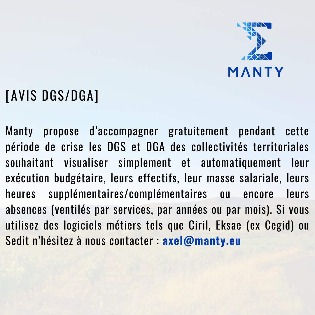 [AVIS DGS/DGA] Manty propose d'accompagner gratuitement pendant cette période de crise les DGS et DGA des collectivités territoriales. N'hésitez pas à nous contacter: axel@manty.eu #GovTech #collectivitéslocales #innovation #territoriale #politiquepublique #smarticities