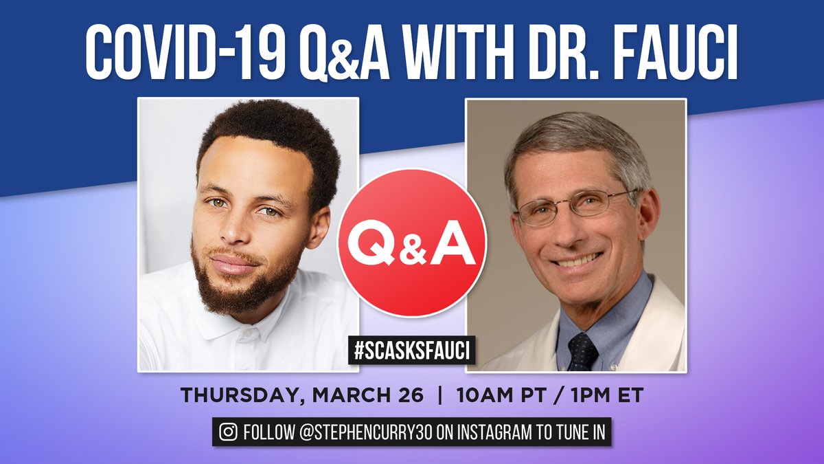 Today’s the day! Join #NIH’s @NIAIDnews Director Dr. Anthony Fauci and 3-time NBA champion Stephen Curry for an Instagram Live today at 1:00 pm ET on Curry’s IG handle <a href="/StephenCurry30/">Stephen Curry</a>. #SCASKSFAUCI questions on #COVID19 – from how to stay safe to the current state of affairs.