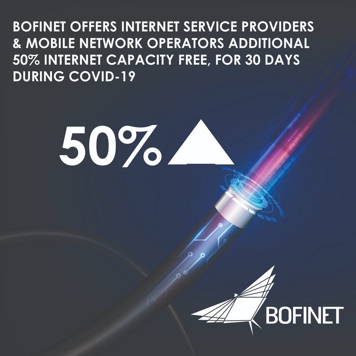 BotswanaFibre's tweet photo. We are proud to announce that we have offered our local customers with FREE additional 50% internet capacity as we enable connectivity during COVID - 19.
This gesture will help facilitate working from home and improve internet speed and experience for users.

#BOFINET
#Covid_19 https://t.co/TfDqEmm7Js