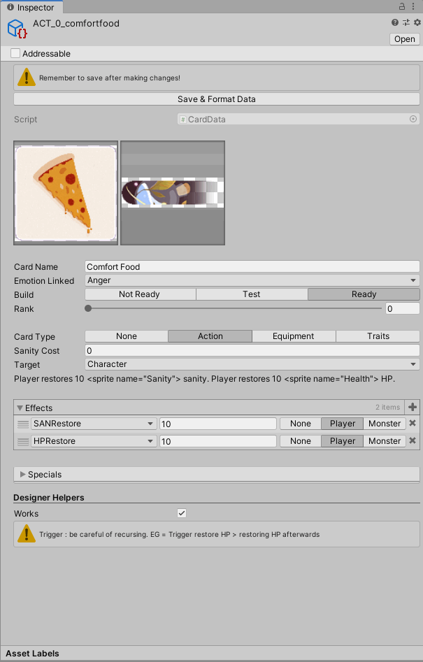 Spent an hour making the Card Data Unity UI better thanks to Odin by <a href="/TeamSirenix/">Sirenix</a> 
Working with comfy tools is important!
#gamedev #pizza #gametools