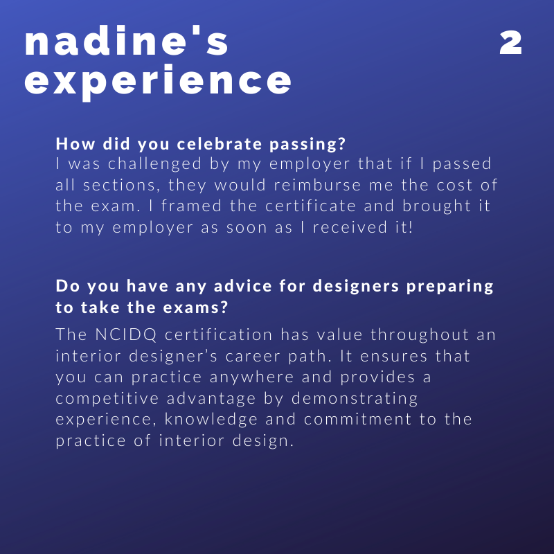 MichiganIIDA's tweet photo. These week's featured NCIDQ designer is Nadine Geering! Nadine passed the exams in 1999, and says that the certification has value throughout an interior designer's career. Read her story below to hear more about her experience!

#interiordesign #dfabcollab #ncidq #careergoals https://t.co/tMHaSXcCwI
