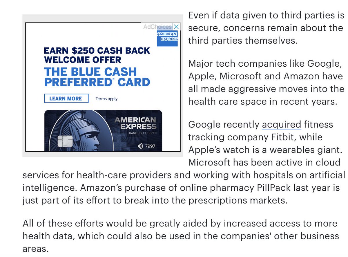 3/Privacy protections under the new HHS third-party app/data-sharing rules are sketchy. Google, Apple & Microsoft--all at the forefront of health data-mining--sat in on the rule-making process meetings. https://thehill.com/policy/technology/487549-critics-see-trump-health-data-rules-as-boon-for-big-tech