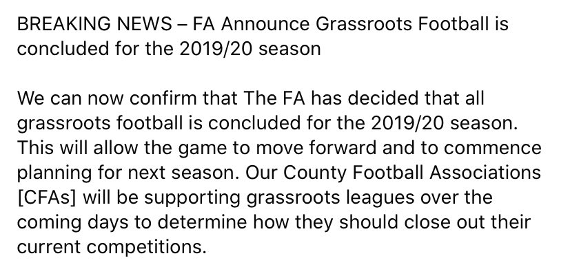 BREAKING NEWS - FA Announce Grassroots Football is concluded for the 19/20 Season. 

Full press release HERE teamgrassroots.co.uk/breaking-news-…