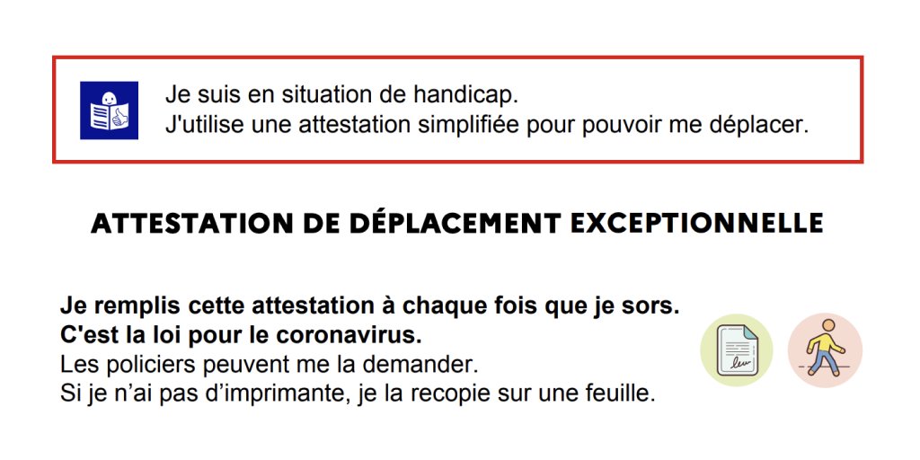 La version officielle de l'#attestation de déplacement en #FALC est publiée. Elle est accessible aux personnes ayant des difficultés avec la langue française, des difficultés de lecture ou souffrant de handicaps cognitifs. 

Pour y accéder : 
gouvernement.fr/info-coronavir…