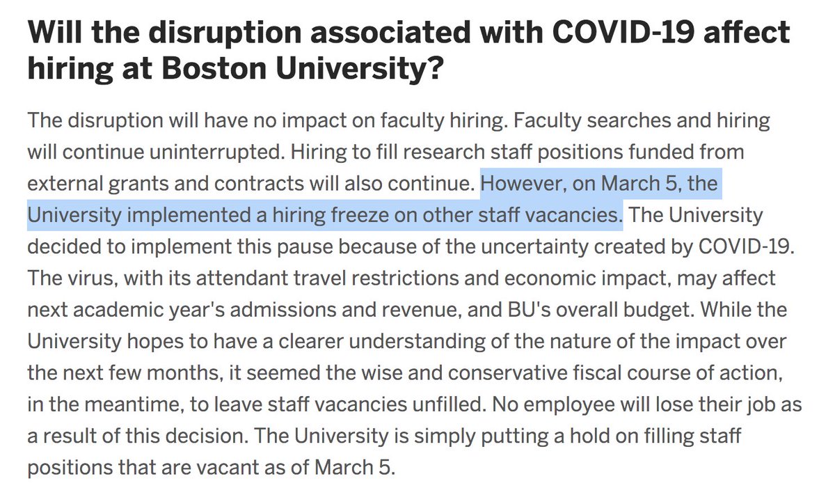 Hiring Freeze at Boston U. Thanks to  @0xFanZhangfor pointing out the previous link was from a decade ago. Sorry about that, folks.  https://www.bu.edu/covid-19-information/impact-on-staff-and-faculty/