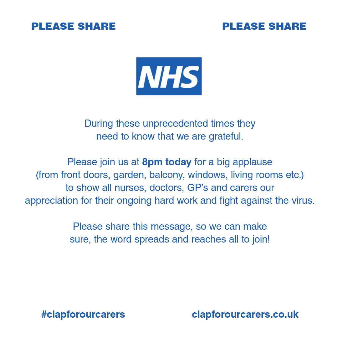 Tonight at 8pm, open your doors and windows and join the nation as we applaud the hard work and dedication of our amazing NHS staff 💙