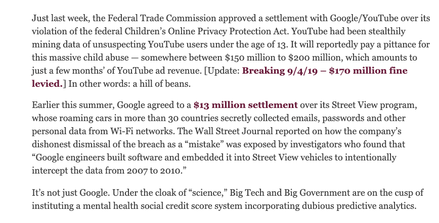 4/Reminder as online schooling is now the nationwide business model in Age of Corona: Google/YouTube is knee-deep in mental-health data mining of kids despite repeated privacy violations.  http://michellemalkin.com/2019/09/04/stop-mental-health-data-mining-of-our-kids-and-deplatform-google-from-public-schools/