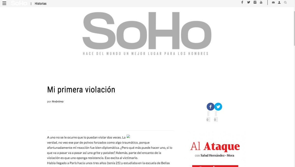 LasIgualadas's tweet photo. La Revista Soho publicó una columna anónima, en primera persona, llamada“Mi primera violación”. El escrito es en primera persona y narra dos experiencias de violencia sexual de hace muchos años. Es una publicación irresponsable y peligrosa que naturaliza la violencia, porque: https://t.co/DjHl6Vxwbv