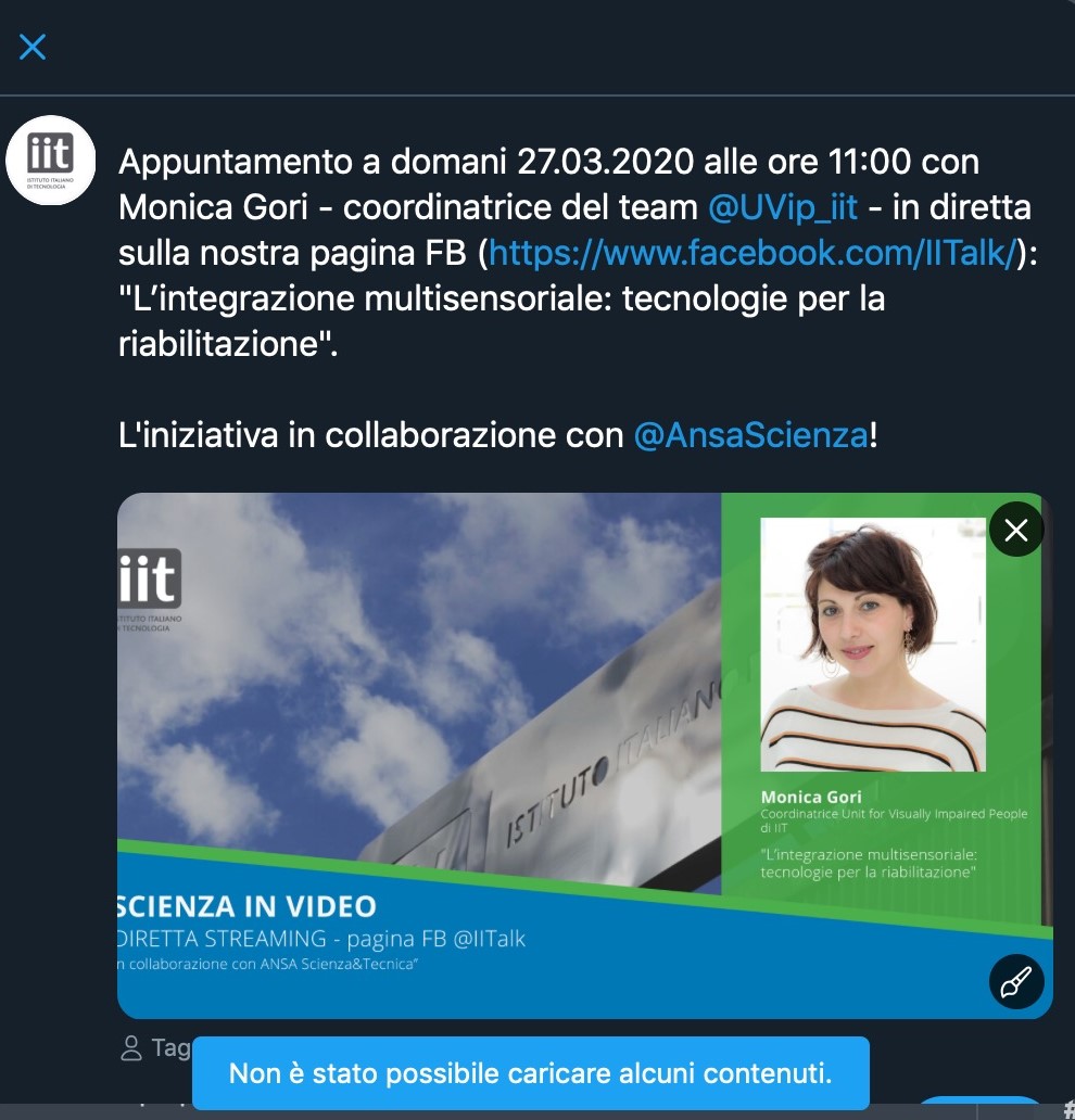 Tomorrow at 11.00 our coordinator <a href="/monica_gori/">Monica Gori</a> <a href="/UVip_iit/">UVIP Research Line</a> <a href="/IITalk/">IIT</a>  will be live on IIT facebook page (facebook.com/IITalk/) "L'integrazione multisensoriale: tecnologia per la riabilitazione" In collaboration with <a href="/AnsaScienza/">ANSA Scienza&Tecnica</a> 
Stay tuned
