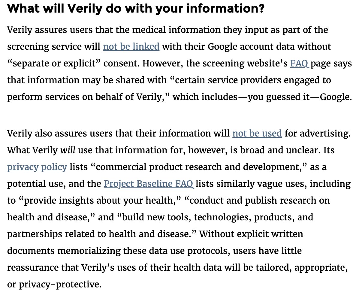 6/A week ago, Google launched its "Verily" COVID-19 screening & testing website, which requires a Google account to log on & gives amorphous answers to basic q's about who it will share data with and why: https://www.eff.org/deeplinks/2020/03/verilys-covid-19-screening-website-leaves-privacy-questions-unanswered