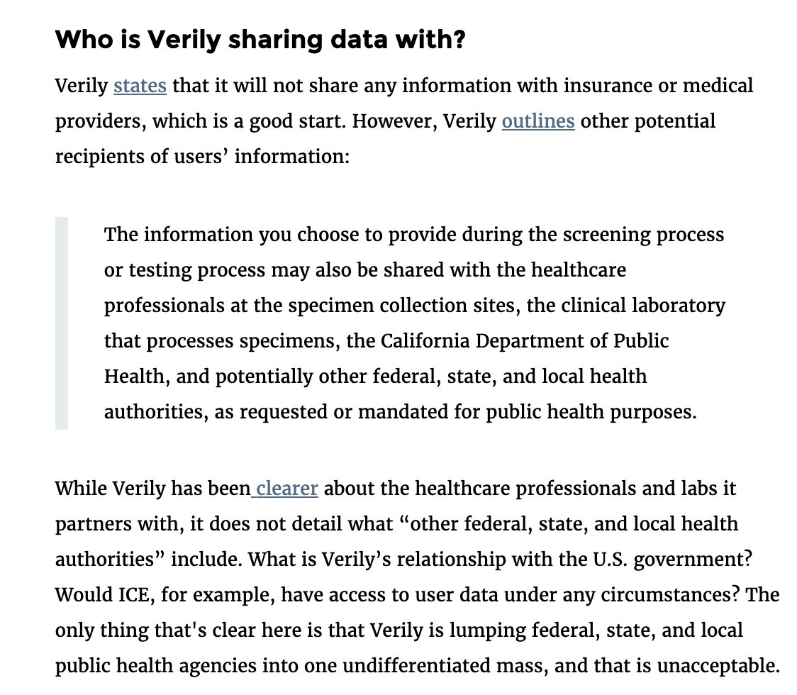 6/A week ago, Google launched its "Verily" COVID-19 screening & testing website, which requires a Google account to log on & gives amorphous answers to basic q's about who it will share data with and why: https://www.eff.org/deeplinks/2020/03/verilys-covid-19-screening-website-leaves-privacy-questions-unanswered