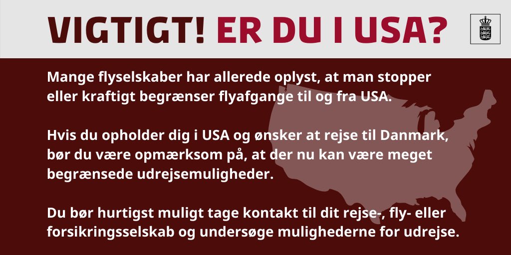 DenmarkinUSA's tweet photo. Er du i USA og ønsker at rejse til Danmark? 

Du bør hurtigst muligt tage kontakt til dit rejse-, fly- eller forsikringsselskab og undersøge mulighederne for udrejse.

Husk at framelde dig Danskerlisten i app’en Rejseklar, hvis du allerede er i Danmark. #DenmarkinUSA #covid19dk https://t.co/0SsXsbWRCr