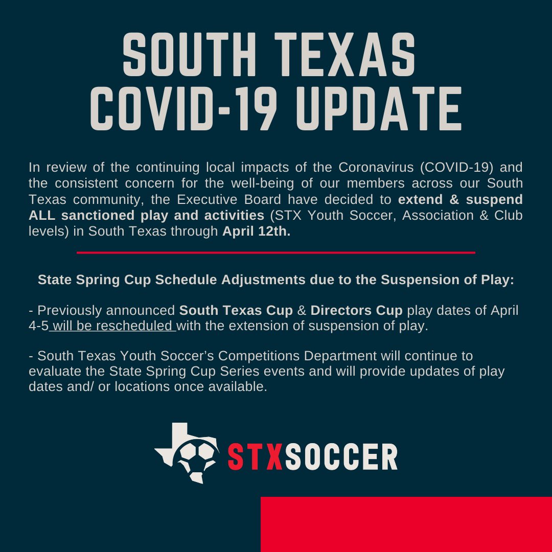 stxsoccer's tweet photo. South Texas COVID-19 Update - all State operated play suspension has been extended until April 12th. #stxsoccer https://t.co/O5HyxPIdwK