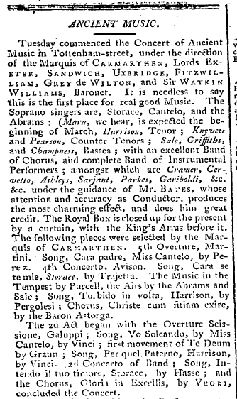 nyplmusic's tweet photo. Think the "Historical Performance Practice" movement started in the 20th C? Think again. This review dated Feb 16, 1789 refers to Purcell (1659-1695) as "Ancient Music." Find more like this in our databases @nypl_lpa #ReadAboutMusic #MusicHistoryisCool https://t.co/LGe0bIMxs1 https://t.co/2KcFWFr7Qz