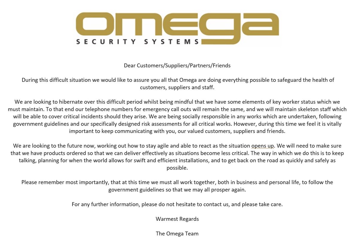 Omega Security Systems - COVID-19 Update - 26th March 2020