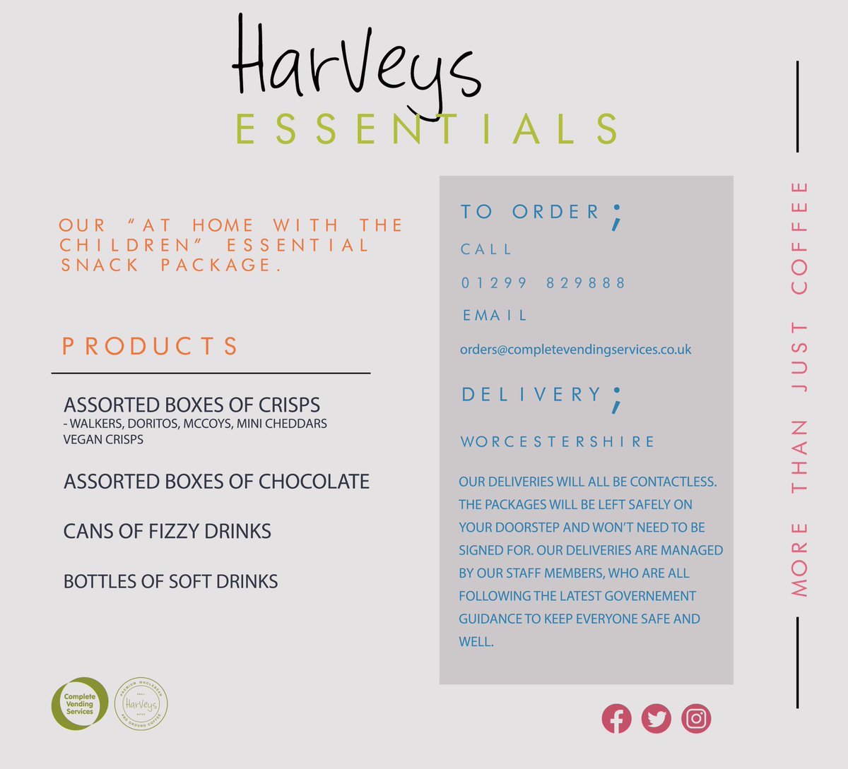 𝐇𝐚𝐫𝐯𝐞𝐲𝐬 𝐄𝐬𝐬𝐞𝐧𝐭𝐢𝐚𝐥𝐬 | we’ve added to our ‘essential packages’. We think this is the perfect “at home with the children” package! Filled with all sorts of snacks and drinks. For more information and to order, please call 01299829888

#morethanjustcoffee