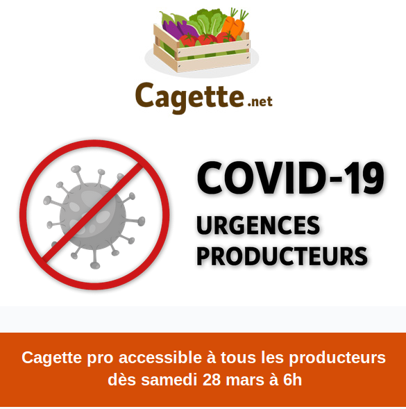 Afin de soutenir les producteurs et fluidifier la mise en place de circuits courts, la création de comptes "Cagette Pro" sera libre à partir de samedi matin. Plus d'infos bientôt sur notre site : cagette.net
<a href="/fnab_bio/">FNAB</a> <a href="/ConfPaysanne/">Conf' Paysanne</a>