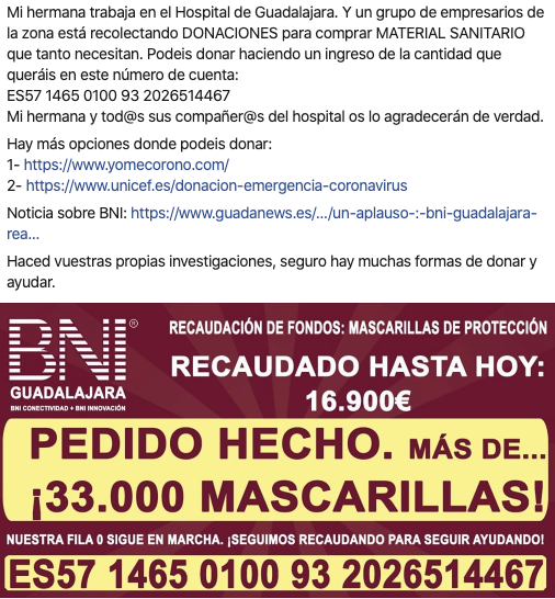JesusPlazaX's tweet photo. Mi hermana trabaja en el Hospital de Guadalajara. Un grupo de empresarios está recolectando DONACIONES para comprar MATERIAL SANITARIO que tanto necesitan. 
ES57 1465 0100 93 2026514467 
Mi hermana y tod@s sus compañer@s os lo agradecerán de verdad. 
@BniGuadalajara @FLSida https://t.co/M7dps05oE2