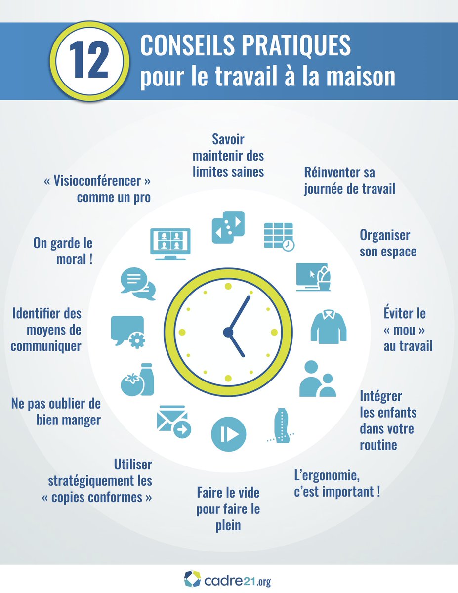 Fort de son expérience de télétravail dans sa dynamique d’équipe, le CADRE21 vous partage humblement ces douze conseils pratiques pour le travail à la maison.

Consultez notre blogue pour en savoir davantage 💻
bit.ly/teletravail12c…

#infographie #teletravail #confinement