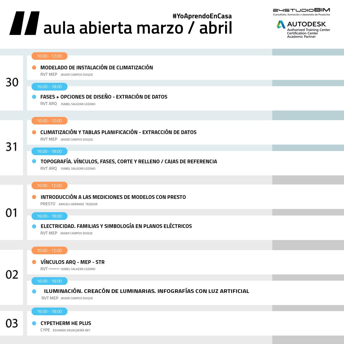Disponible la planificación de la segunda semana de nuestra Aula Abierta gratuita #24studiobim. Nuestros consultores y docentes realizarán #webinar de temas específicos del Máster #BIM
¡Apúntate en la  que prefieras y no te quedes sin plaza!
#yomequedoencasa