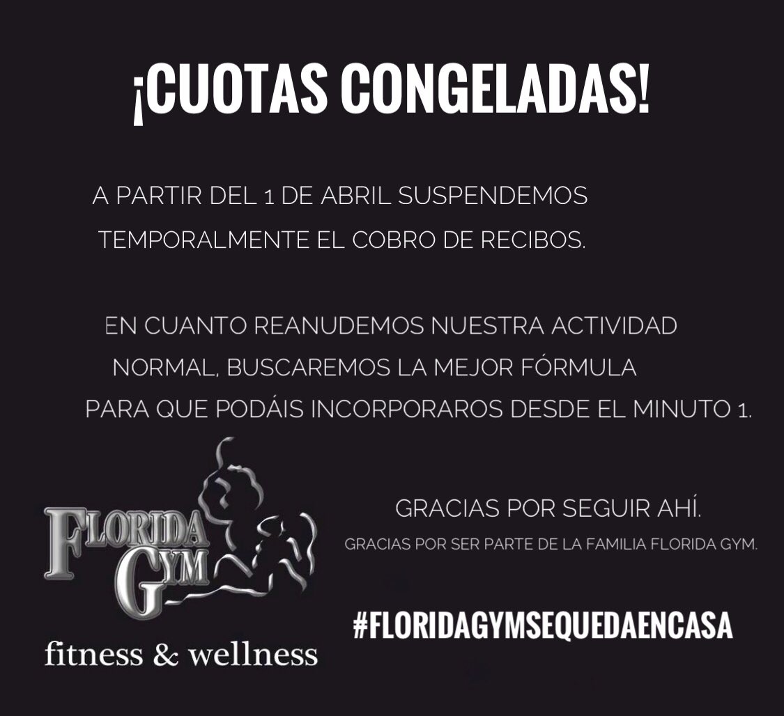FloridaGYM's tweet photo. ⚠️ ¡CONGELAMOS TODAS LAS COUTAS! ⚠️

A partir del 1 de Abril SUSPENDEMOS de manera temporal la emisión de recibos.

Os echamos de menos familia, pero sabemos que siendo responsables, muy pronto estaremos entrenando juntos‼️💪🏼⚡️. https://t.co/oCkIpZwpjD