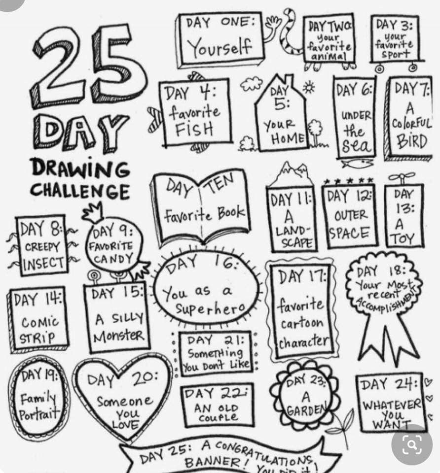 Looking for ideas for Art? Try this 25 Day Drawing Challenge and feel free to send us or share your pictures! ✏️<a href="/jtdouds/">Josh Douds</a>