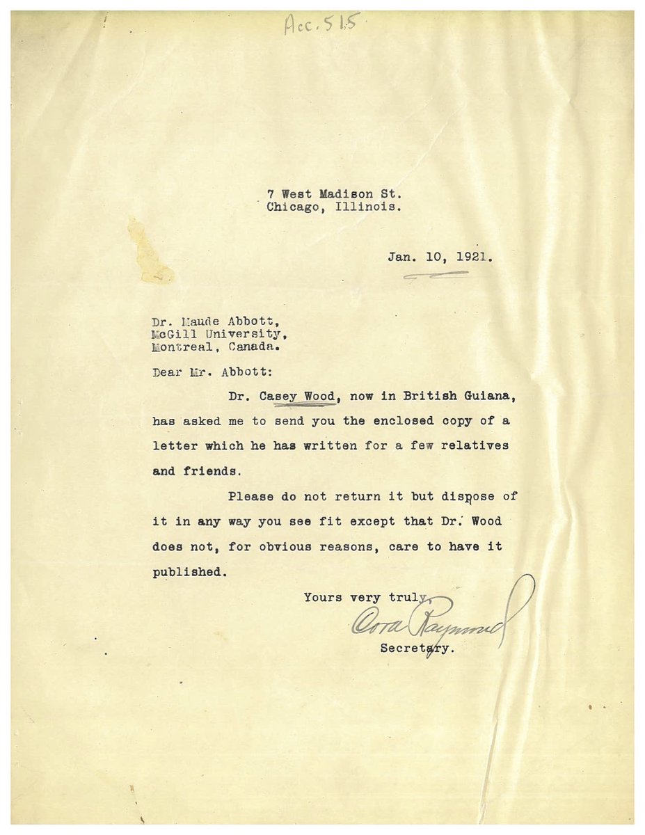 OslerLibrary's tweet photo. Of course a secretary in 1921 would presume Dr. Abbott to be male, writing to the amazing #MaudeAbbott, Curator of the McGill Medical Museum, now @McGill_MAMM. #WomensHistoryMonth #histmed #OslerLibraryArchives #WomenInMedicine https://t.co/0aoJX5JjQz