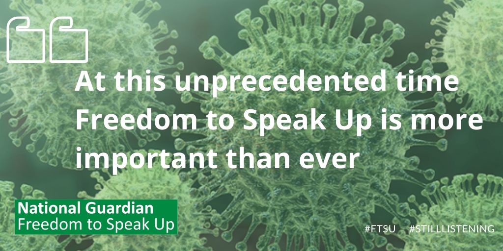 NatGuardianFTSU's tweet photo. It is vital that healthcare leaders act to help #FTSU Guardians carry out their role. In times of difficulty many workers will want to speak up, and it is even more critical that they are listened to.
#StillListening #COVID19
https://t.co/c7eT72OoZS https://t.co/KRckpdNMNy