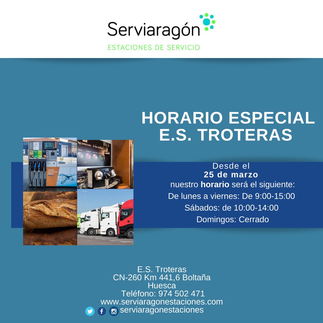 #nuevohorario 🕣 Estimados clientes, les informamos nuestra estación de servicio de Boltaña E.S. Troteras cambia de horario:
De lunes a viernes: De 9:00-15:00 
Sábados: de 10:00-14:00 
Domingos: Cerrado
E.S. Troteras 
CN-260 KM. 190
22340 Boltaña (Huesca) Teléfono: 974 50 24 71