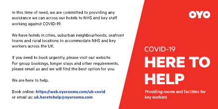 KaypeeLondon's tweet photo. OYO and its partner hotels are keeping rooms across the country open for key workers. Please help share the message to those in need who can email uk.heretohelp@oyorooms.com https://t.co/HxXuOJqCeU #keyworkers #OYOHereToHelp  #KeyWorkersAccommodation #NHS #Frontline https://t.co/h1P7Q69DF7