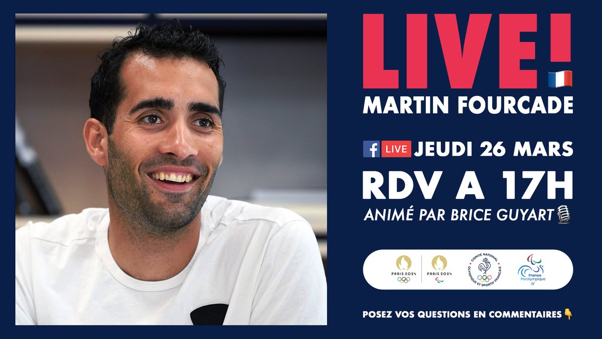 Rendez-vous, tout à l'heure, à 17h sur les pages Facebook de <a href="/Paris2024/">Paris 2024</a> <a href="/FranceOlympique/">FranceOlympique</a> <a href="/FRAparalympique/">Comité Paralympique et Sportif Français</a> pour un LIVE avec <a href="/martinfkde/">Martin Fourcade</a> 🇫🇷

Posez-lui vos questions en commentaire 👇