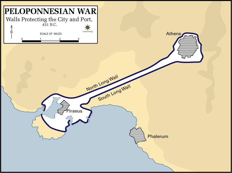 Basically, Sparta had the dominant army, while Athens had the dominant navySo, Pericles thought, let’s rely on our city walls to keep Sparta’s army away from the cityThe bustling port at Piraeus was also walled and connected by “The Long Walls” to the city/7