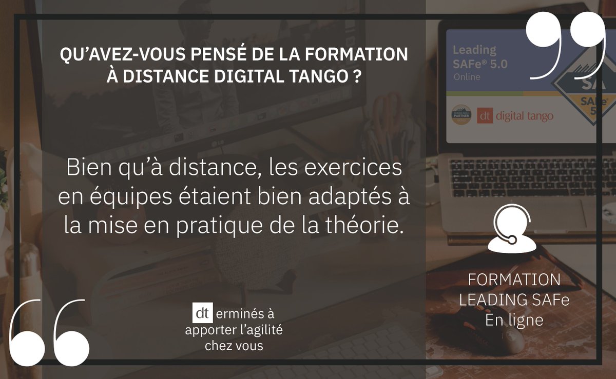 Digital Tango (@digital_tango) on Twitter photo La formation à distance, ils l'ont essayée ! Vous aussi, formez-vous en nous contactant à l'adresse suivante : formations@digitaltango.ca
#safe #scaledagile #agilité La formation à distance, ils l'ont essayée ! Vous aussi, formez-vous en nous contactant à l'adresse suivante : formations@digitaltango.ca
#safe #scaledagile #agilité