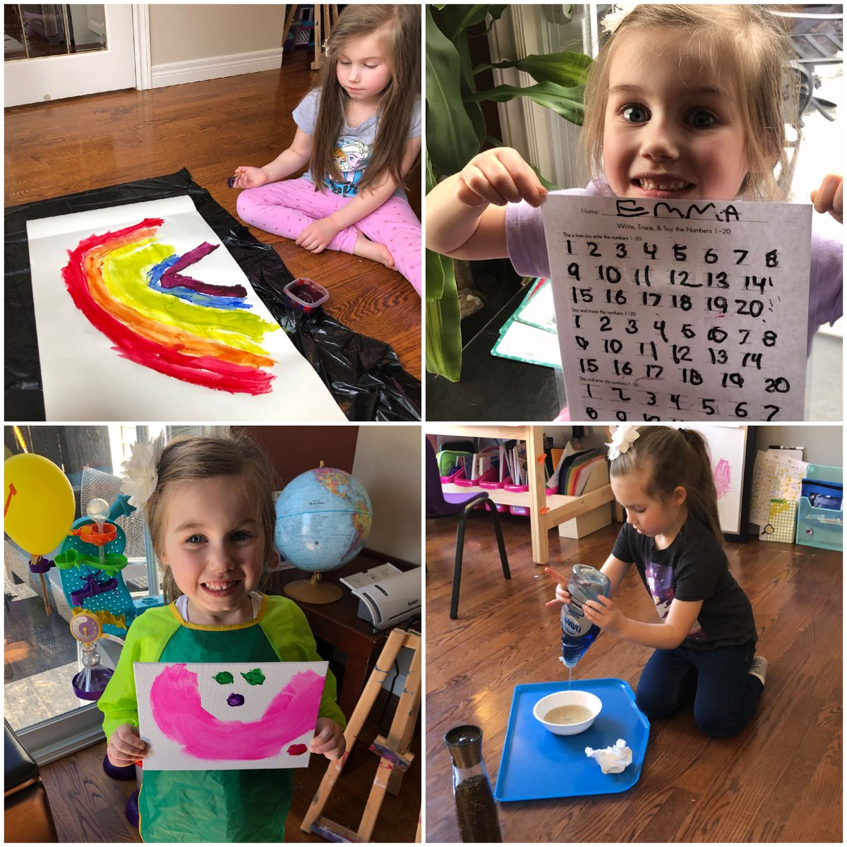 MsKHumby's tweet photo. What has Emma been up to lately? A whole bunch of stuff! Painting rainbows, practicing writing numbers, science experiments lots of art, and so much more! Wow, Emma! Looks like you're having so much fun! Keepn it up! We miss you! @liz_percy @NLESDCA @StMattsTigers https://t.co/WIoOHyUnKG