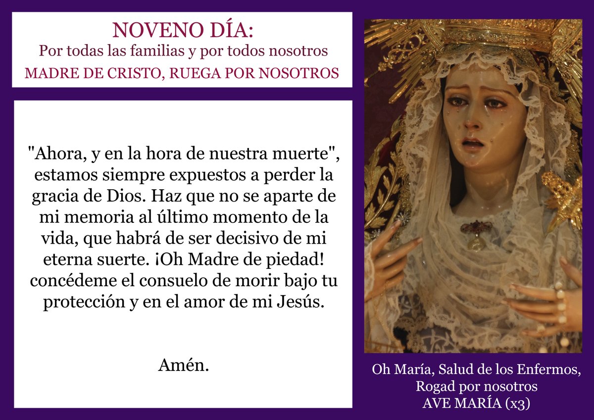 Acerquémonos a nuestra Madre realizando, desde casa, el ejercicio de la novena, pidiendo por todos nosotros y para que cese esta pandemia lo antes posible.
Noveno día.
#QuédateEnCasa