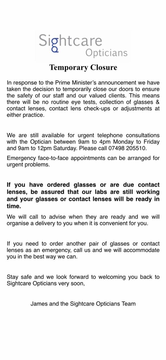 sightcare's tweet photo. IMPORTANT ANNOUNCEMENT
Due to government advice we have sadly decided to close for the foreseeable future.
We would like to thank our patients for all your support, stay safe! https://t.co/ewGGaTnnRT