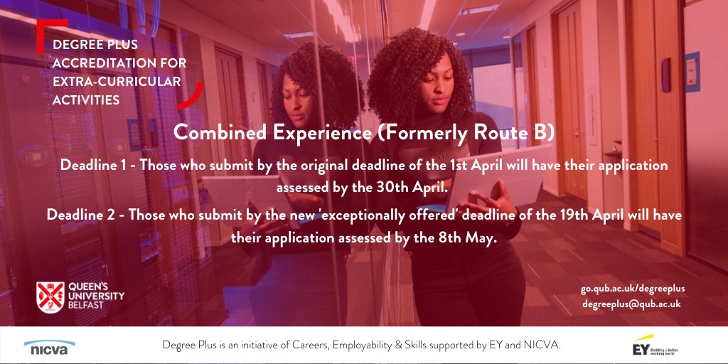 QUBCareers's tweet photo. Due to the exceptional circumstances surrounding the Covid 19 outbreak, UG/PGT students will be offered two opportunities to submit their Degree Plus Combined Experience Applications.
https://t.co/9eJdg3r5Hb
#QUBCareers #DegreePlus #LoveQUB https://t.co/S00a13vMvk