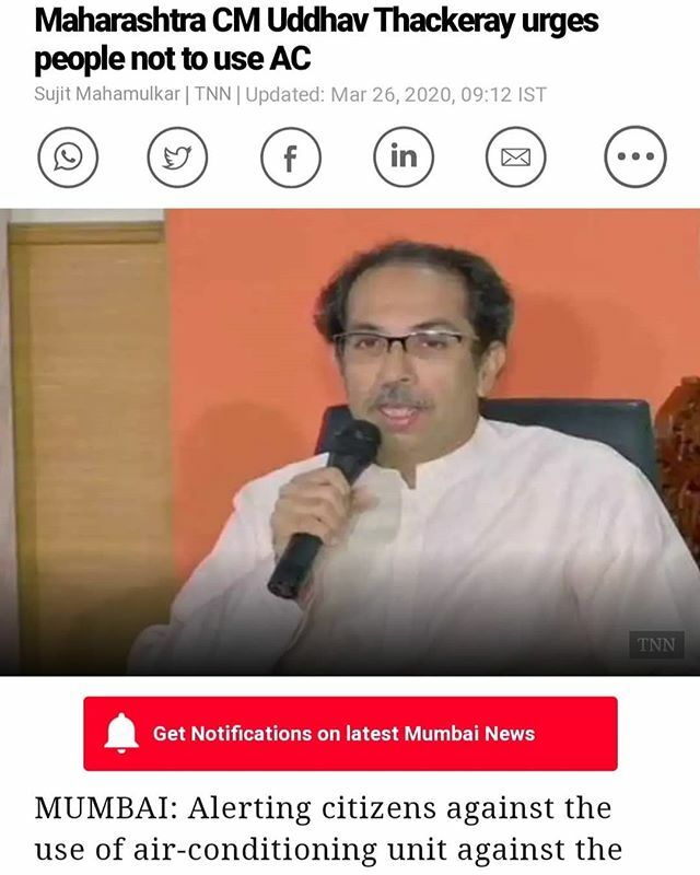 dr_mendonsa's tweet photo. Maharashtra CM urges not to use AC as it may increase the risk generating moisture!

#staysafe #stayhome #bepositive #donotuseAC #maharashtracm #cmmaharashtra #udhavthakrey #cmudhavthakray #contenttnn #TNN #sujitmahamulkar https://t.co/03ACNRqtLQ