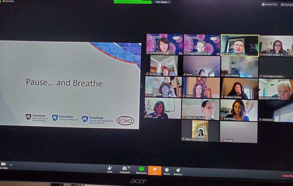 Happening right now <a href="/PennStateECHO/">Project ECHO at Penn State</a>:  Dr. <a href="/AndyProbolus/">Andy Probolus</a> kicking off his outstanding session on communication with patients &amp; families during #COVID19. <a href="/PennStHershey/">Penn State Health</a> What a wonderful reminder to take a moment to pause... And breathe.