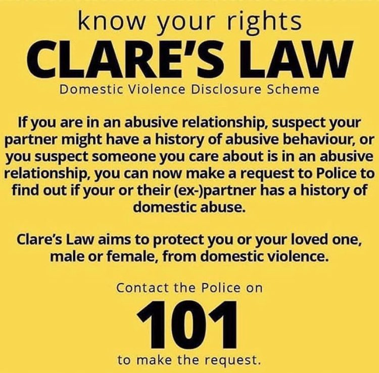 Clare’s Law gives any member of the public the right to ask the police if their partner may pose a risk to them. Under Clare’s Law, a member of the public can also make enquiries into the partner of a close friend/family member. #clareslaw #domesticabuse #lovedoesnthurt #strength