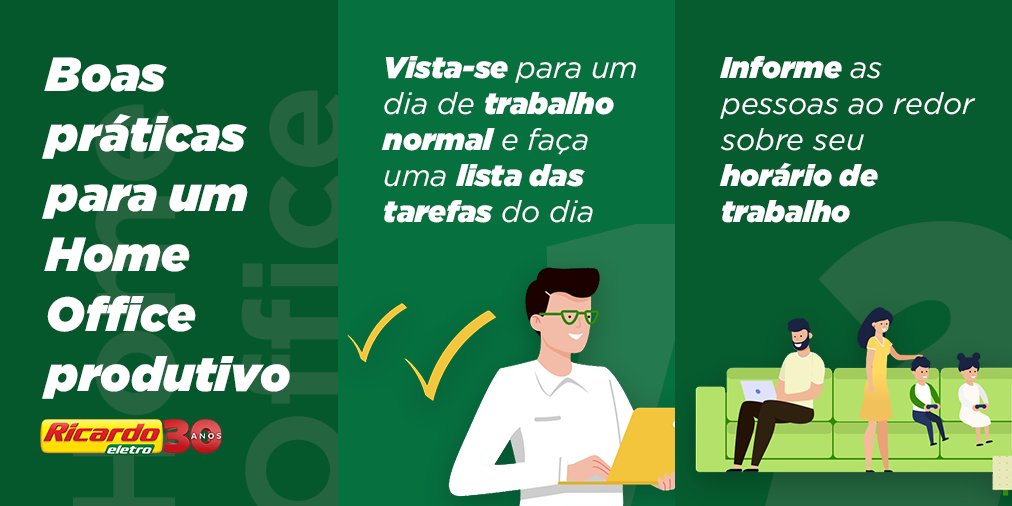 Para o seu home office ser produtivo, algumas práticas são muito importantes. Veja as dicas que preparamos para você! 😉

#DistânciaSalva #RicardoEletro #HomeOffice #FicaEmCasa