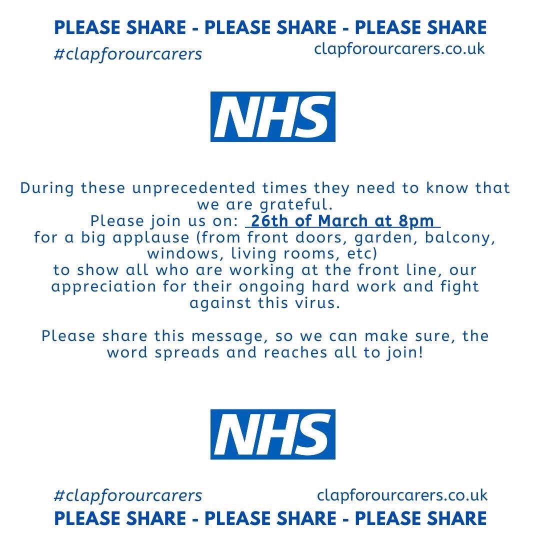 Join us at 8pm tonight in giving all of the front line staff across the UK a massive round of applause to show our appreciation for their hard work 👏 #ClapForOurCarers