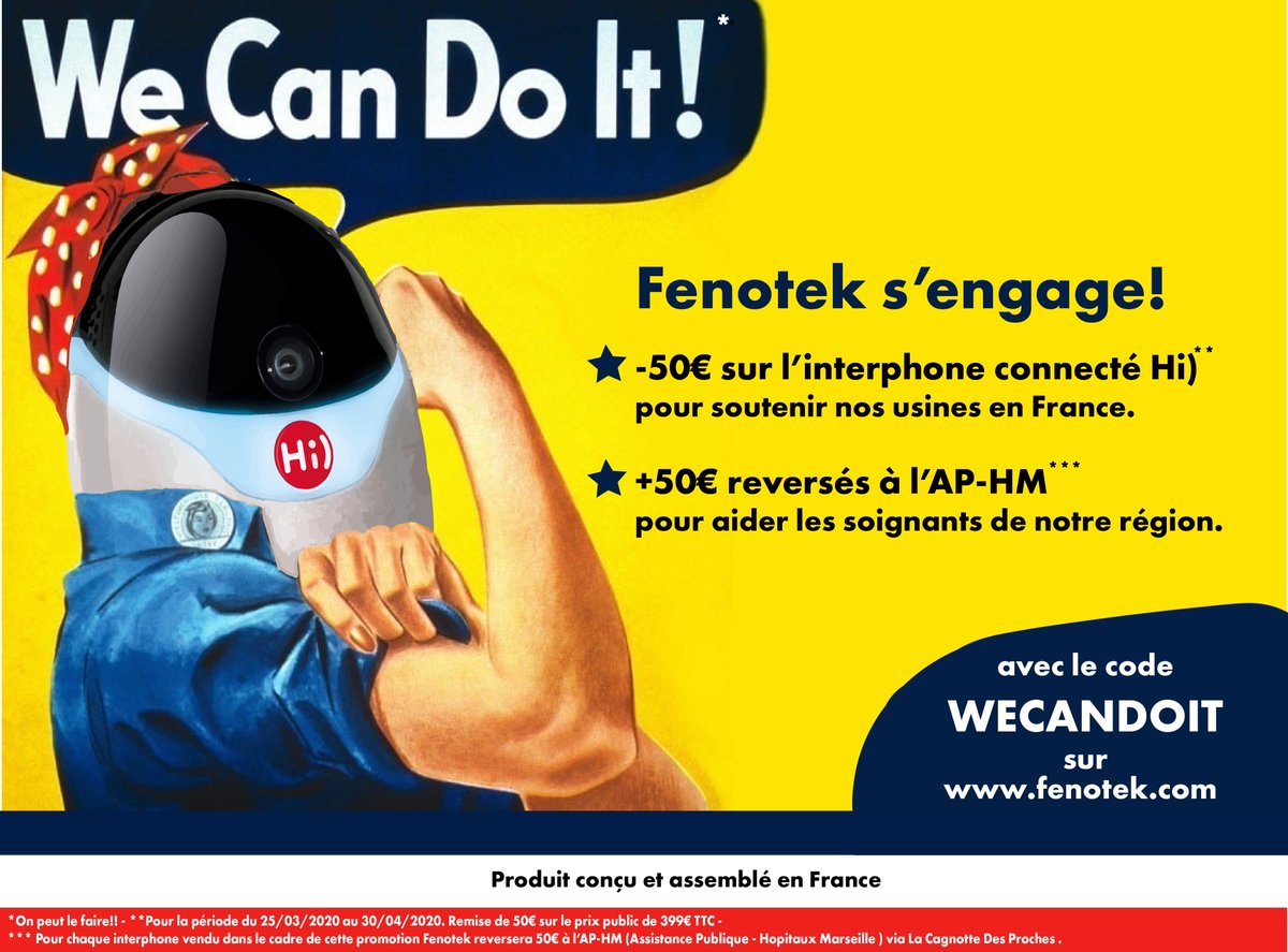 Fenotek participe à l'effort de guerre 💪

🇫🇷-50€ sur l’interphone connecté Hi) pour soutenir nos usines en France. 

😷+50€ reversés à l’APHM pour aider le personnel soignant de notre région. 

avec le code WECANDOIT sur fenotek.com
