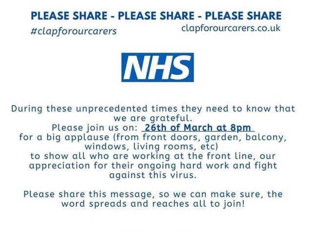 At 8pm this evening the nation will be expressing it’s gratitude for all our amazing NHS staff and carers.

From your front door, garden, balcony, windows, living room you can join in to give a round of applause for their ongoing hard work! #StayAtHomeSaveLives
