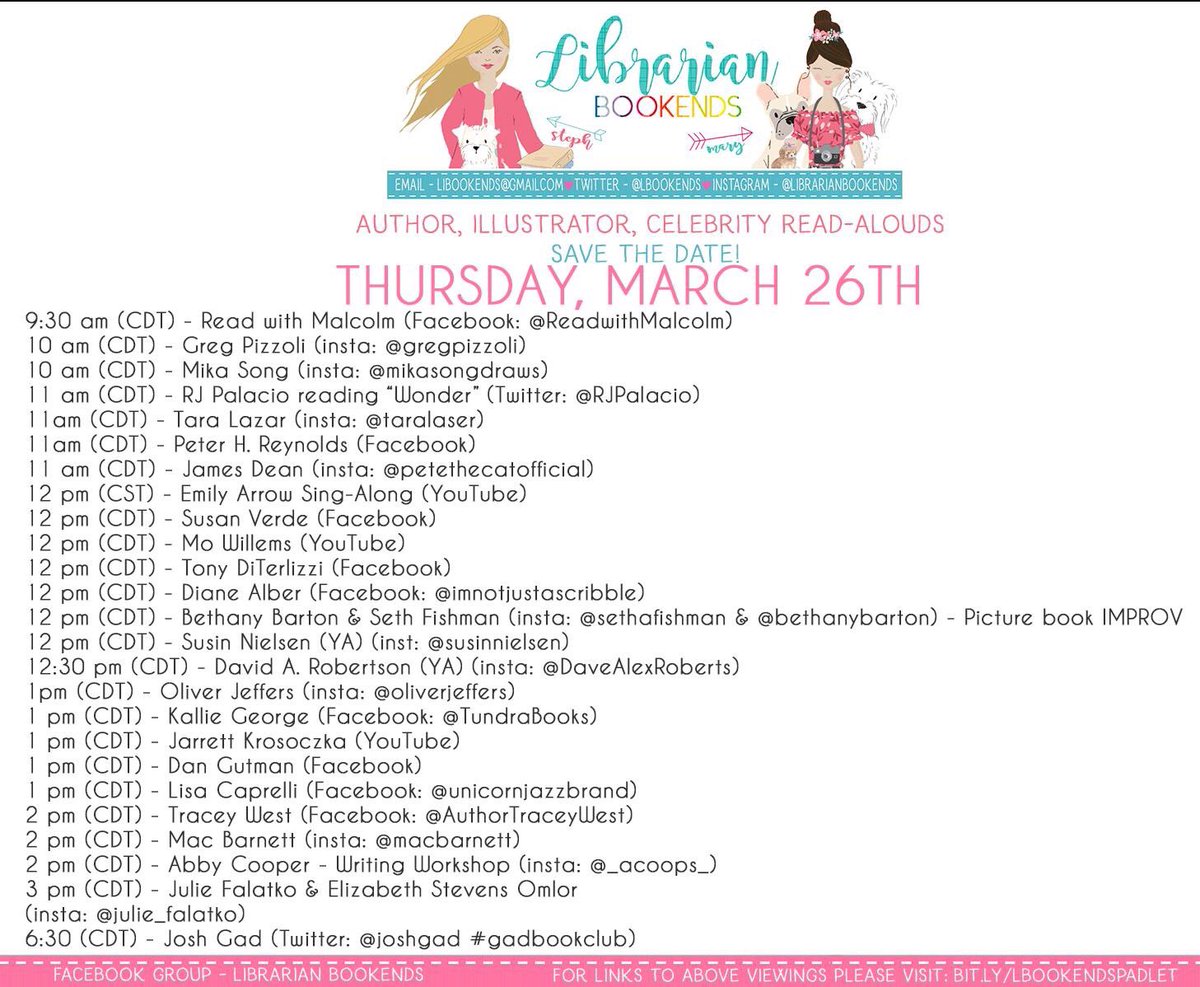 Today’s authors/illustrators. Remember to add an hour!