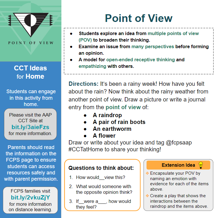 fcpsaap's tweet photo. We're glad to see sunshine after the rain this week! How did you feel about the rain? Now think about the rain from a different point of view! When you think from different perspectives, you open up your mind and build empathy for others. Tag @fcpsaap with your #CCTatHome ideas! https://t.co/3FlOBrsRau